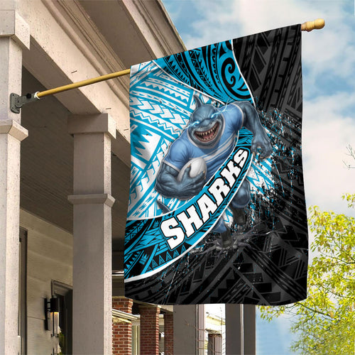 Cronulla Sutherland Sharks Rugby Garden Flag Tribal Polynesian Power Art - Lightning Mascot