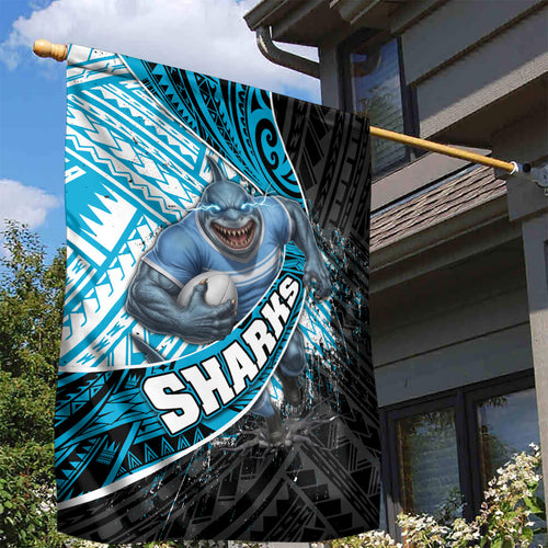 Cronulla Sutherland Sharks Rugby Garden Flag Tribal Polynesian Power Art - Lightning Mascot