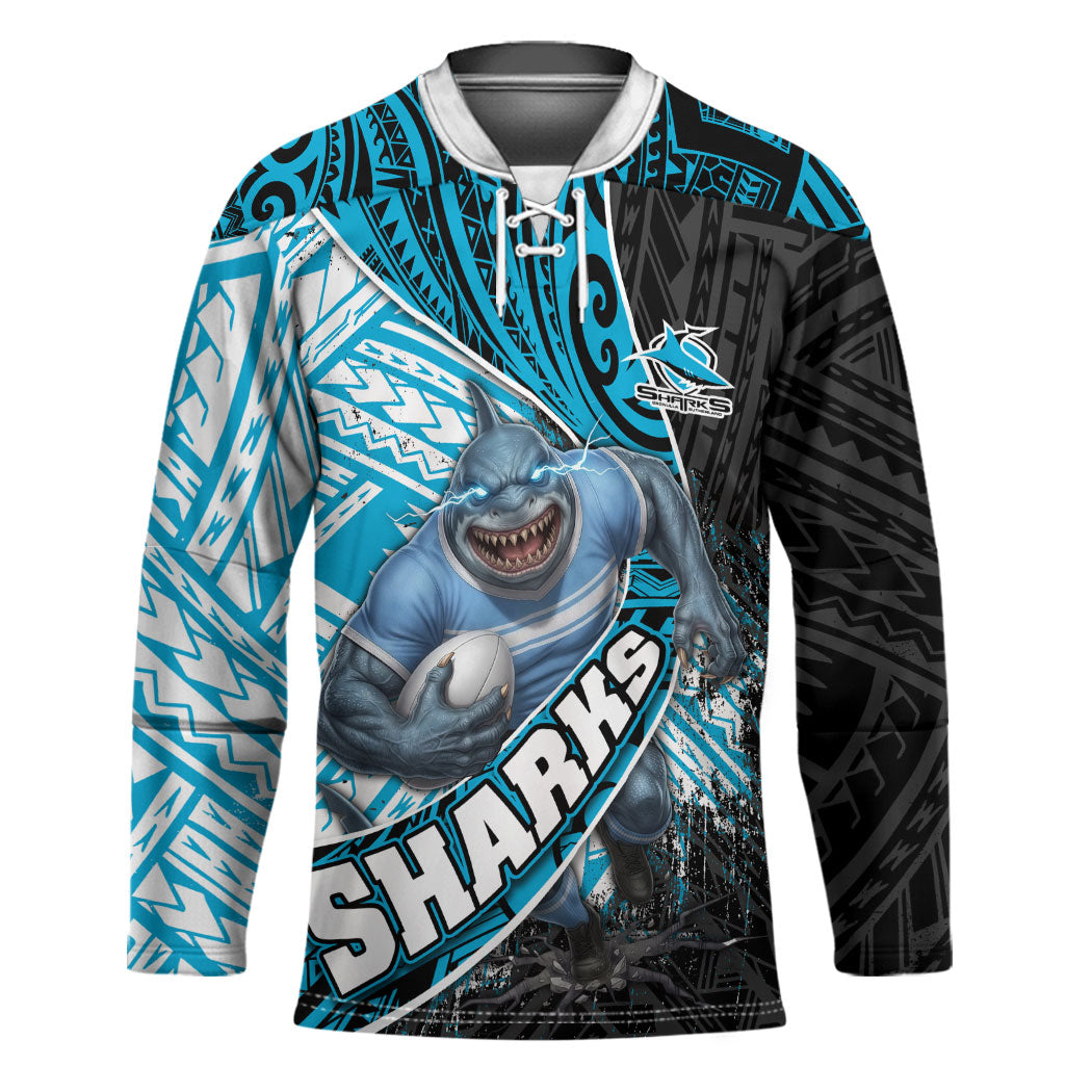 Cronulla Sutherland Sharks Rugby Hockey Jersey Tribal Polynesian Power Art - Lightning Mascot