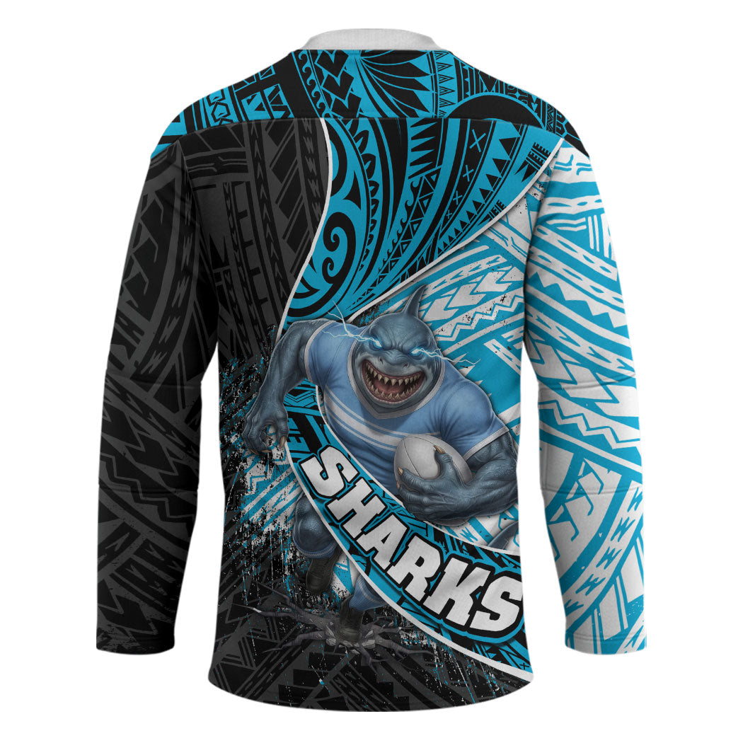 Cronulla Sutherland Sharks Rugby Hockey Jersey Tribal Polynesian Power Art - Lightning Mascot