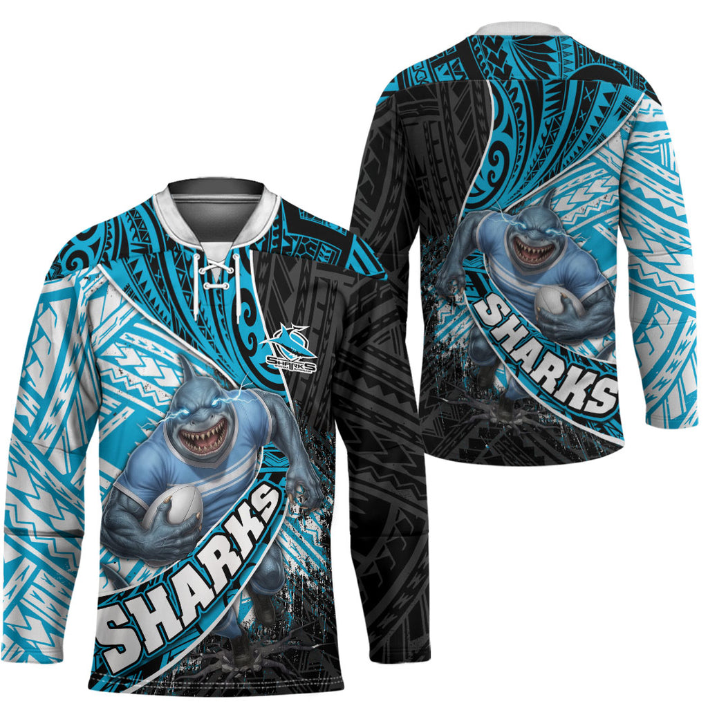 Cronulla Sutherland Sharks Rugby Hockey Jersey Tribal Polynesian Power Art - Lightning Mascot