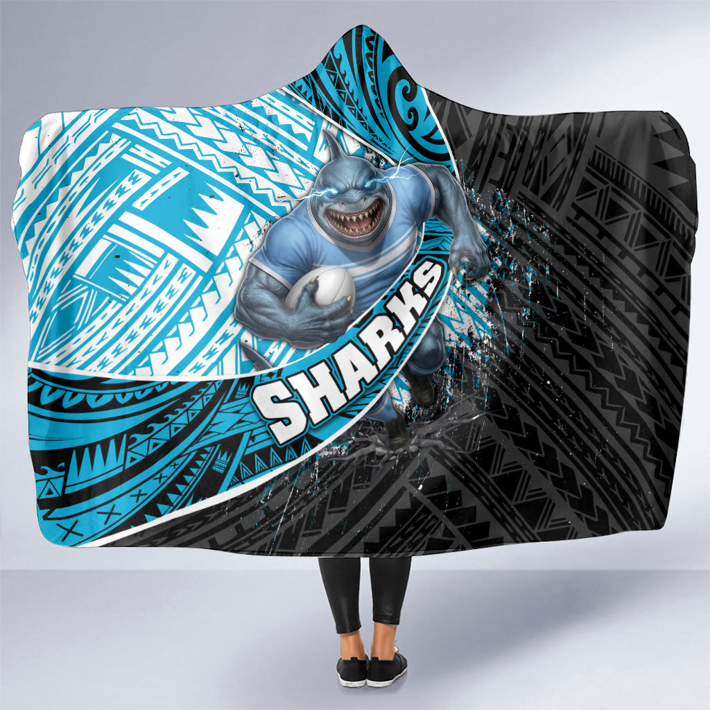 Cronulla Sutherland Sharks Rugby Hooded Blanket Tribal Polynesian Power Art - Lightning Mascot