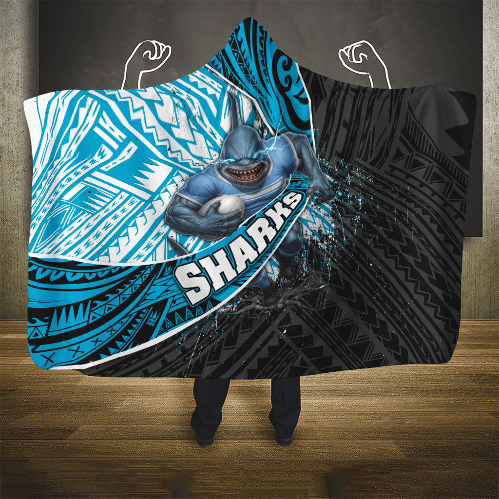 Cronulla Sutherland Sharks Rugby Hooded Blanket Tribal Polynesian Power Art - Lightning Mascot