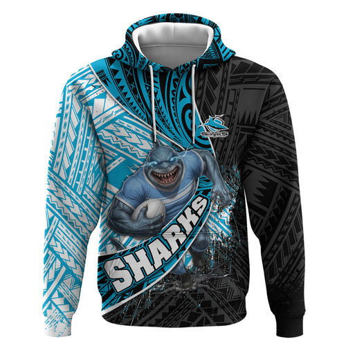 Cronulla Sutherland Sharks Rugby Hoodie Tribal Polynesian Power Art - Lightning Mascot