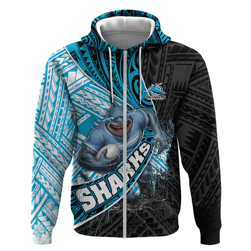 Cronulla Sutherland Sharks Rugby Hoodie Tribal Polynesian Power Art - Lightning Mascot