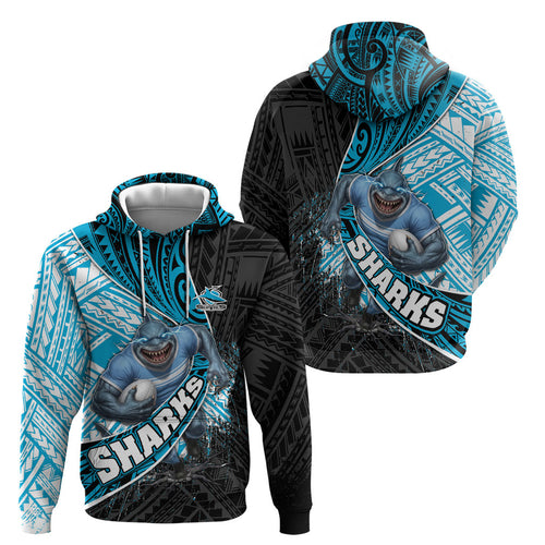Cronulla Sutherland Sharks Rugby Hoodie Tribal Polynesian Power Art - Lightning Mascot