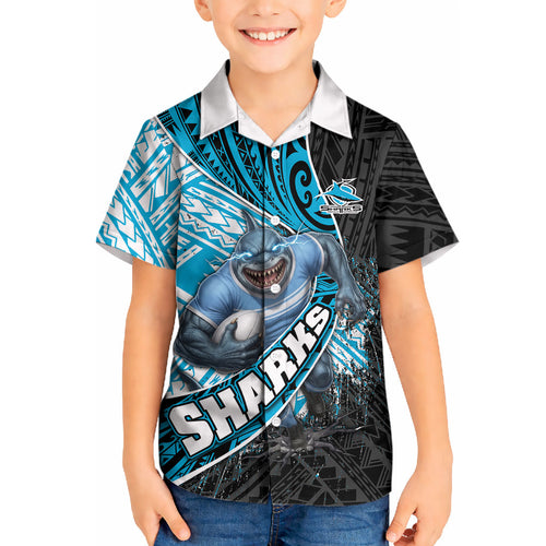 Cronulla Sutherland Sharks Rugby Kid Hawaiian Shirt Tribal Polynesian Power Art - Lightning Mascot