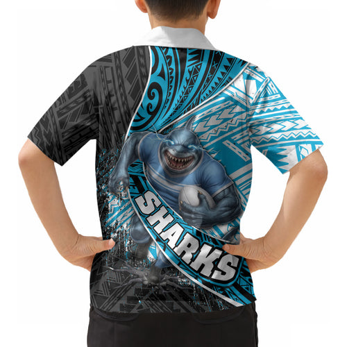 Cronulla Sutherland Sharks Rugby Kid Hawaiian Shirt Tribal Polynesian Power Art - Lightning Mascot