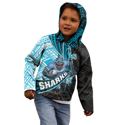 Cronulla Sutherland Sharks Rugby Kid Hoodie Tribal Polynesian Power Art - Lightning Mascot