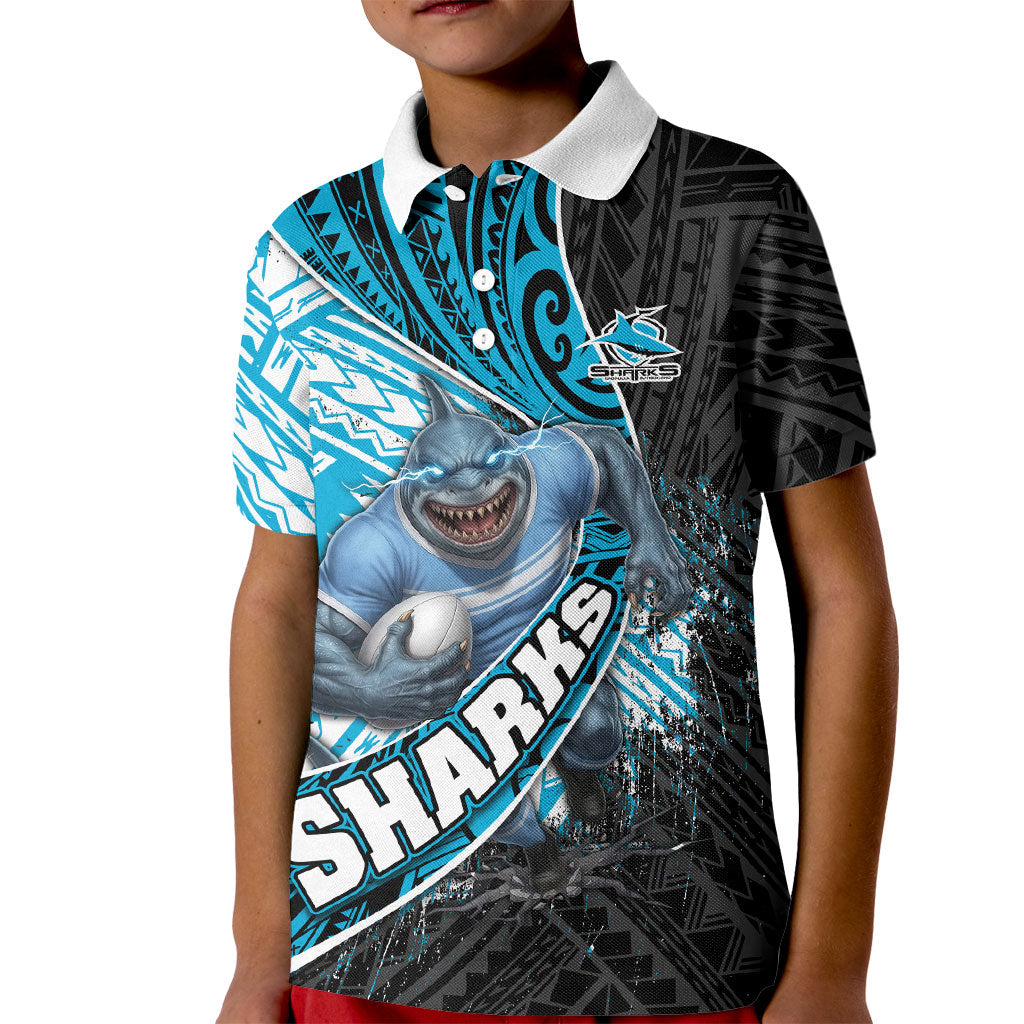 Cronulla Sutherland Sharks Rugby Kid Polo Shirt Tribal Polynesian Power Art - Lightning Mascot