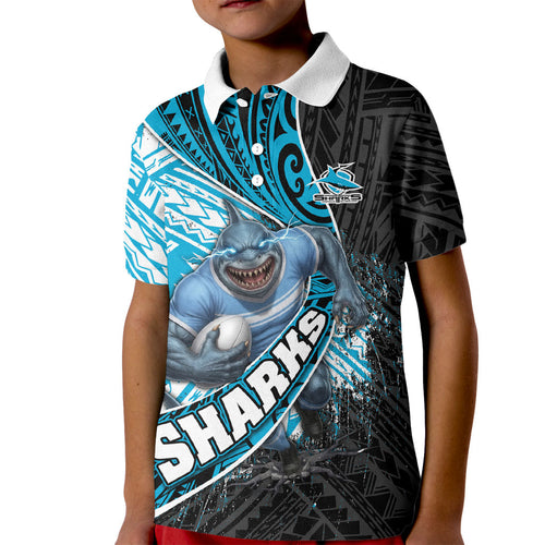 Cronulla Sutherland Sharks Rugby Kid Polo Shirt Tribal Polynesian Power Art - Lightning Mascot