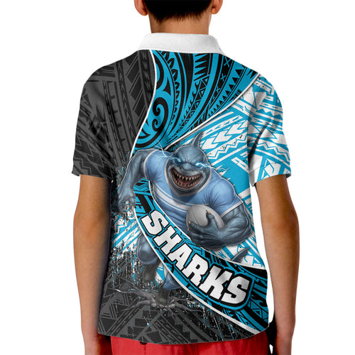 Cronulla Sutherland Sharks Rugby Kid Polo Shirt Tribal Polynesian Power Art - Lightning Mascot