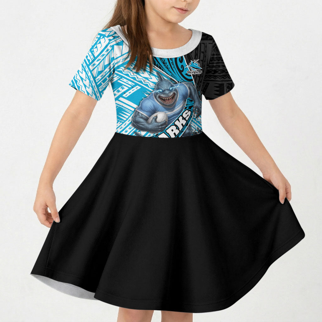 Cronulla Sutherland Sharks Rugby Kid Short Sleeve Dress Tribal Polynesian Power Art - Lightning Mascot