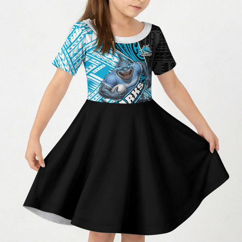 Cronulla Sutherland Sharks Rugby Kid Short Sleeve Dress Tribal Polynesian Power Art - Lightning Mascot