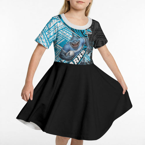 Cronulla Sutherland Sharks Rugby Kid Short Sleeve Dress Tribal Polynesian Power Art - Lightning Mascot