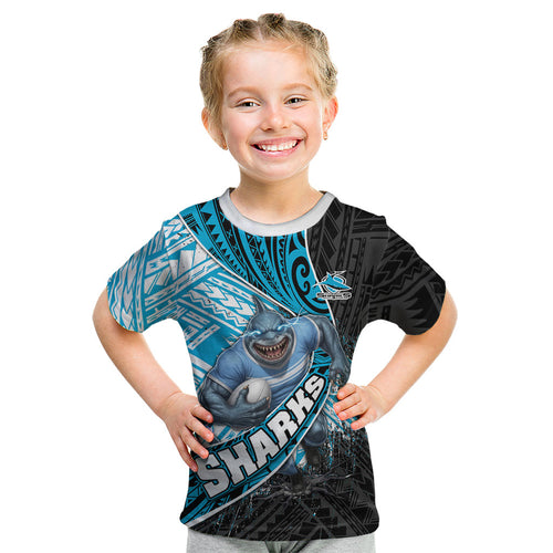 Cronulla Sutherland Sharks Rugby Kid T Shirt Tribal Polynesian Power Art - Lightning Mascot