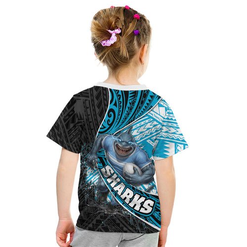 Cronulla Sutherland Sharks Rugby Kid T Shirt Tribal Polynesian Power Art - Lightning Mascot