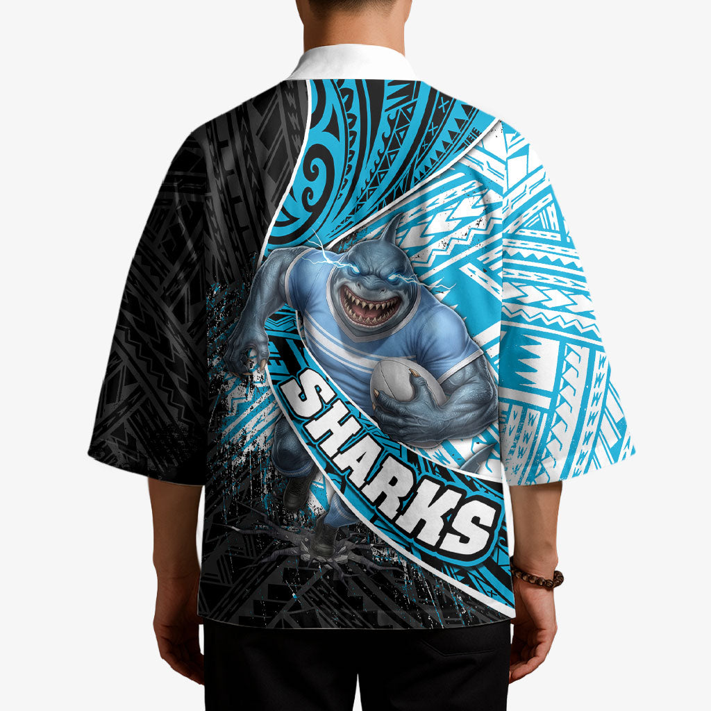 Cronulla Sutherland Sharks Rugby Kimono Tribal Polynesian Power Art - Lightning Mascot