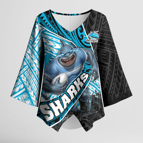 Cronulla Sutherland Sharks Rugby Kimono Sleeve Blouse Tribal Polynesian Power Art - Lightning Mascot