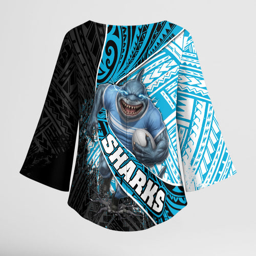 Cronulla Sutherland Sharks Rugby Kimono Sleeve Blouse Tribal Polynesian Power Art - Lightning Mascot