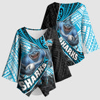 Cronulla Sutherland Sharks Rugby Kimono Sleeve Blouse Tribal Polynesian Power Art - Lightning Mascot
