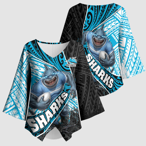 Cronulla Sutherland Sharks Rugby Kimono Sleeve Blouse Tribal Polynesian Power Art - Lightning Mascot