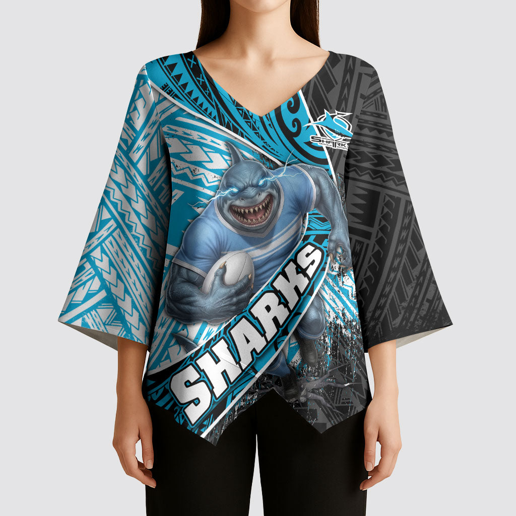 Cronulla Sutherland Sharks Rugby Kimono Sleeve Blouse Tribal Polynesian Power Art - Lightning Mascot