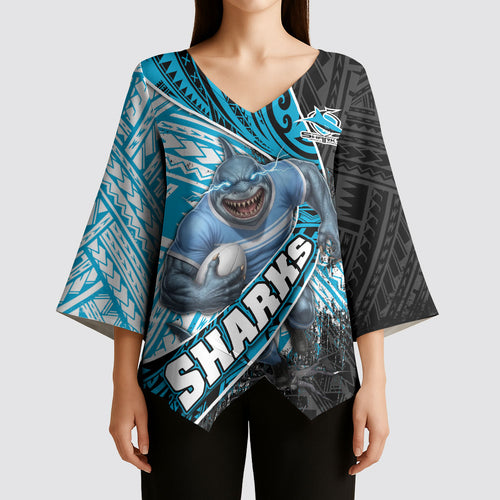Cronulla Sutherland Sharks Rugby Kimono Sleeve Blouse Tribal Polynesian Power Art - Lightning Mascot