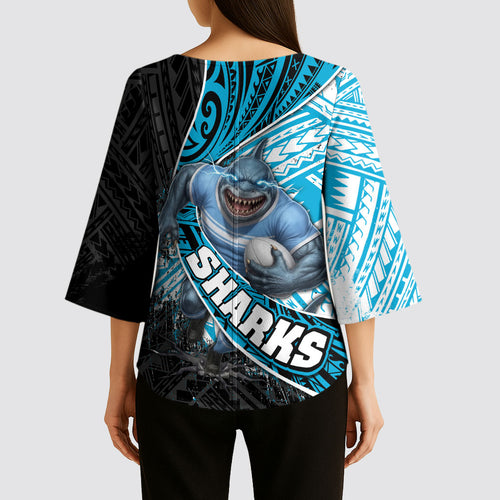 Cronulla Sutherland Sharks Rugby Kimono Sleeve Blouse Tribal Polynesian Power Art - Lightning Mascot