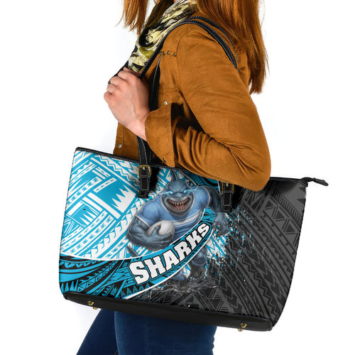 Cronulla Sutherland Sharks Rugby Leather Tote Bag Tribal Polynesian Power Art - Lightning Mascot
