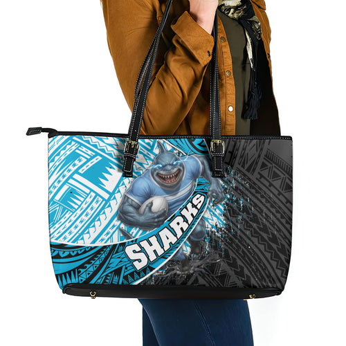 Cronulla Sutherland Sharks Rugby Leather Tote Bag Tribal Polynesian Power Art - Lightning Mascot