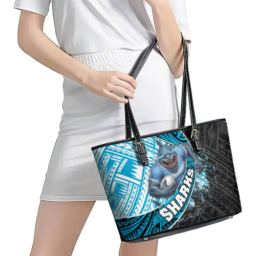 Cronulla Sutherland Sharks Rugby Leather Tote Bag Tribal Polynesian Power Art - Lightning Mascot