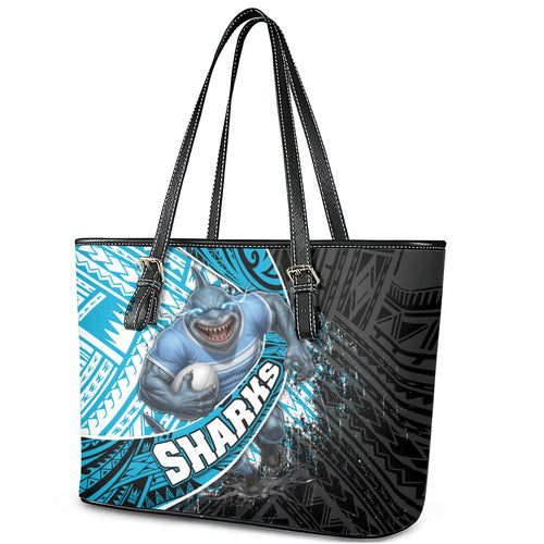 Cronulla Sutherland Sharks Rugby Leather Tote Bag Tribal Polynesian Power Art - Lightning Mascot