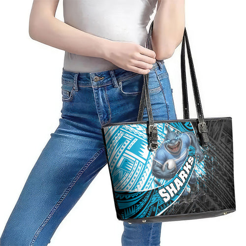 Cronulla Sutherland Sharks Rugby Leather Tote Bag Tribal Polynesian Power Art - Lightning Mascot