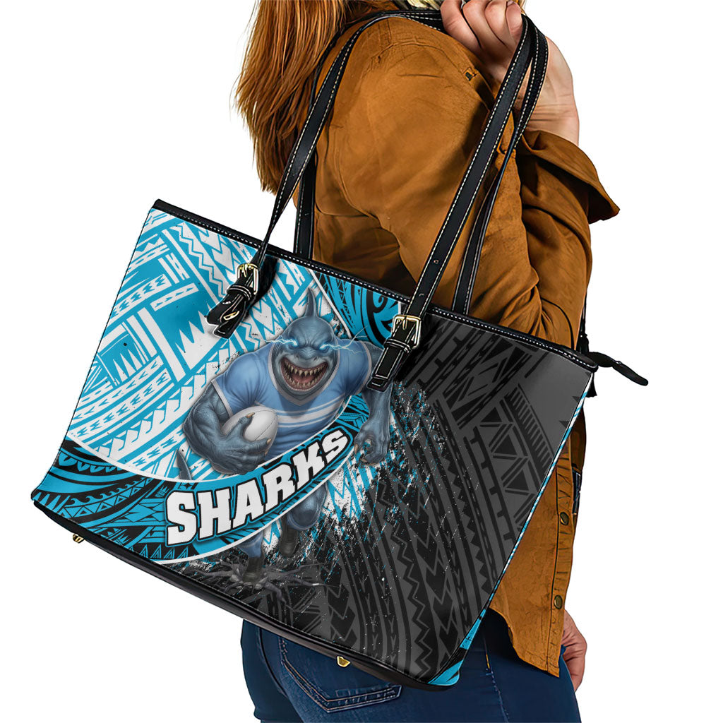 Cronulla Sutherland Sharks Rugby Leather Tote Bag Tribal Polynesian Power Art - Lightning Mascot