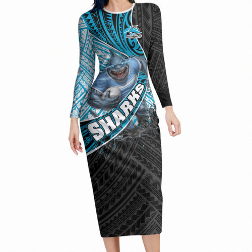 Cronulla Sutherland Sharks Rugby Long Sleeve Bodycon Dress Tribal Polynesian Power Art - Lightning Mascot