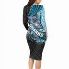 Cronulla Sutherland Sharks Rugby Long Sleeve Bodycon Dress Tribal Polynesian Power Art - Lightning Mascot