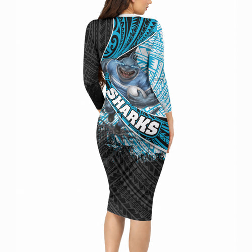 Cronulla Sutherland Sharks Rugby Long Sleeve Bodycon Dress Tribal Polynesian Power Art - Lightning Mascot