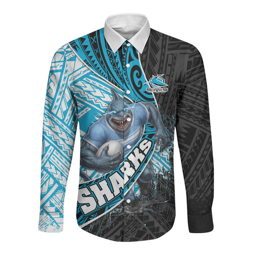 Cronulla Sutherland Sharks Rugby Long Sleeve Button Shirt Tribal Polynesian Power Art - Lightning Mascot