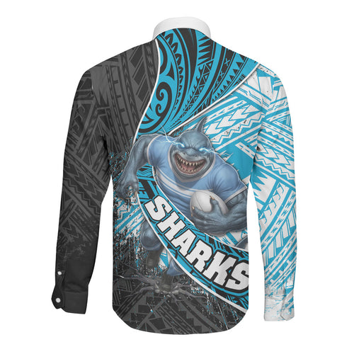 Cronulla Sutherland Sharks Rugby Long Sleeve Button Shirt Tribal Polynesian Power Art - Lightning Mascot