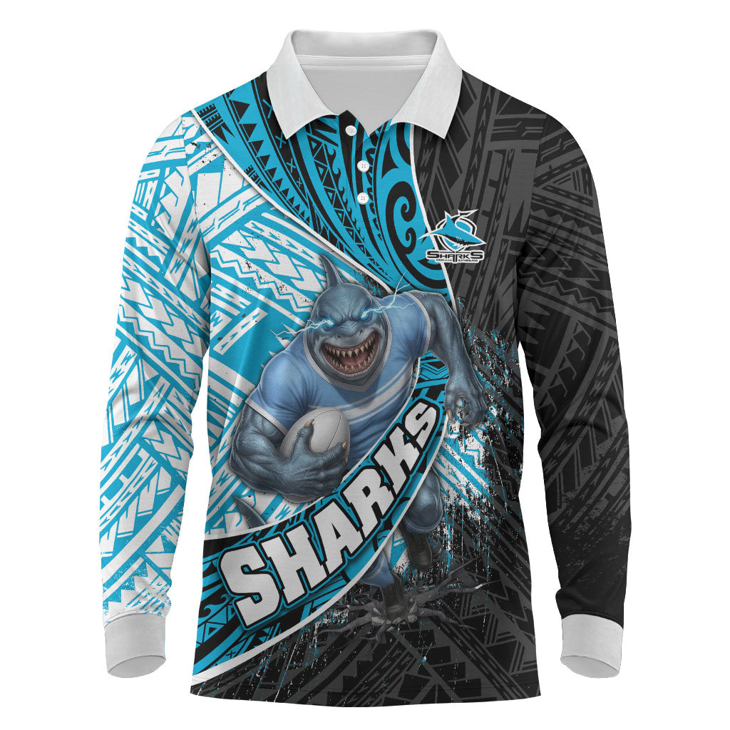 Cronulla Sutherland Sharks Rugby Long Sleeve Polo Shirt Tribal Polynesian Power Art - Lightning Mascot