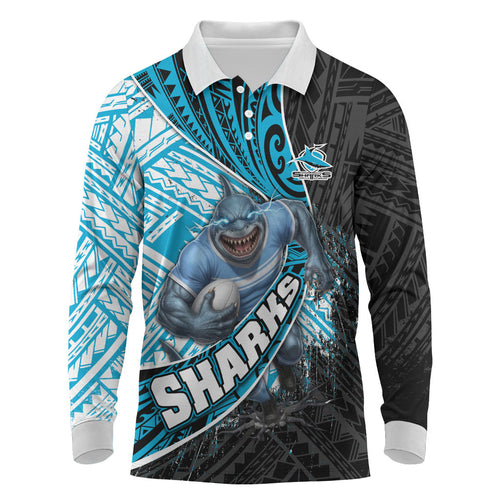 Cronulla Sutherland Sharks Rugby Long Sleeve Polo Shirt Tribal Polynesian Power Art - Lightning Mascot