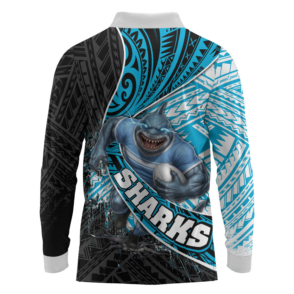 Cronulla Sutherland Sharks Rugby Long Sleeve Polo Shirt Tribal Polynesian Power Art - Lightning Mascot