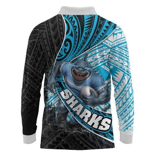 Cronulla Sutherland Sharks Rugby Long Sleeve Polo Shirt Tribal Polynesian Power Art - Lightning Mascot