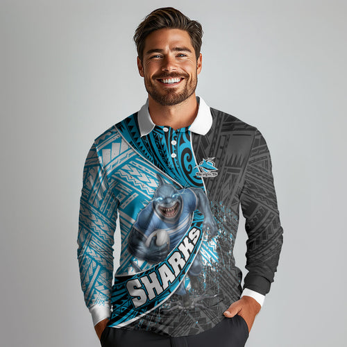 Cronulla Sutherland Sharks Rugby Long Sleeve Polo Shirt Tribal Polynesian Power Art - Lightning Mascot