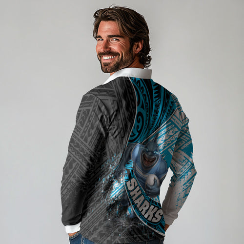 Cronulla Sutherland Sharks Rugby Long Sleeve Polo Shirt Tribal Polynesian Power Art - Lightning Mascot