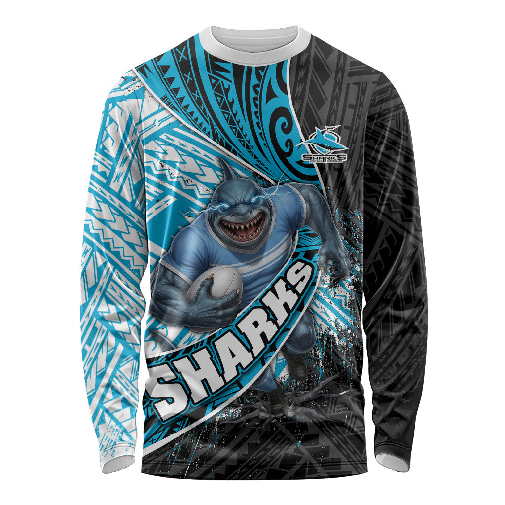 Cronulla Sutherland Sharks Rugby Long Sleeve Shirt Tribal Polynesian Power Art - Lightning Mascot