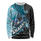 Cronulla Sutherland Sharks Rugby Long Sleeve Shirt Tribal Polynesian Power Art - Lightning Mascot