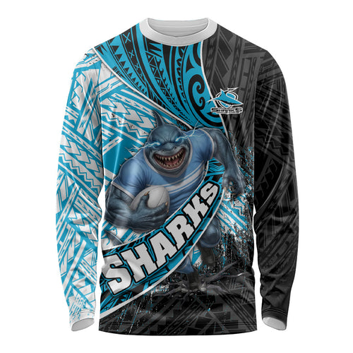 Cronulla Sutherland Sharks Rugby Long Sleeve Shirt Tribal Polynesian Power Art - Lightning Mascot