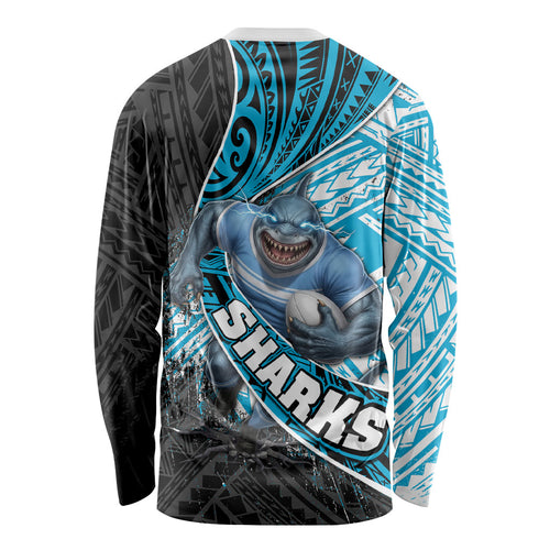 Cronulla Sutherland Sharks Rugby Long Sleeve Shirt Tribal Polynesian Power Art - Lightning Mascot